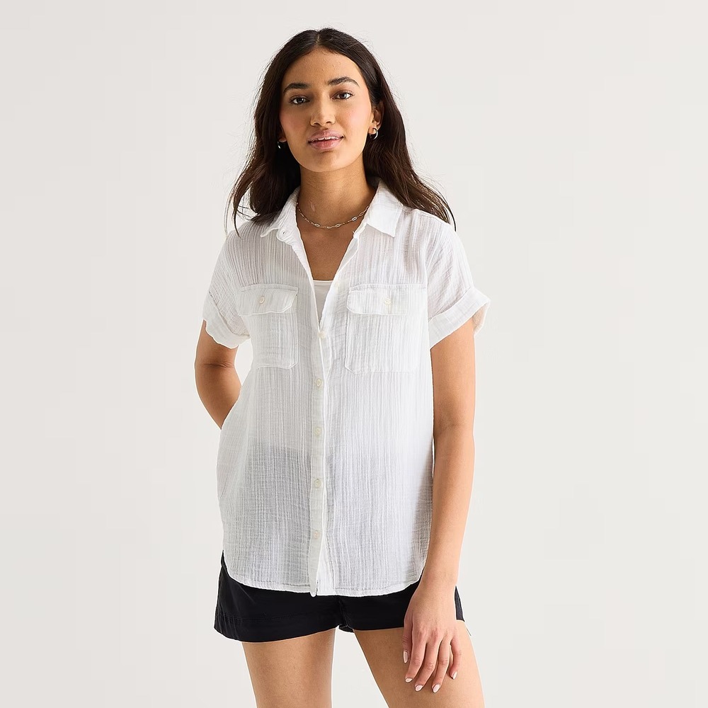 MSRP $48 A.N.A Womens 1X White Short Sleeve Button-Down Shirt Blouse